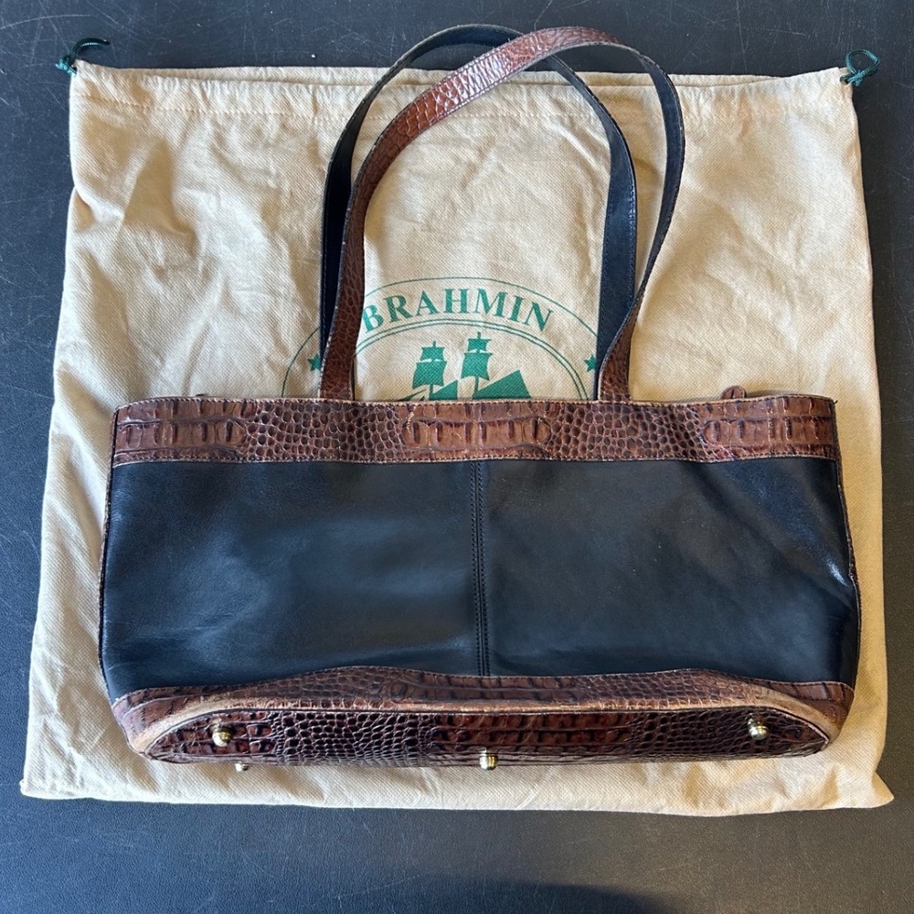Brahmin Shoulder Bag Womens Black Brown Croc Embossed Leather Tote Vintage